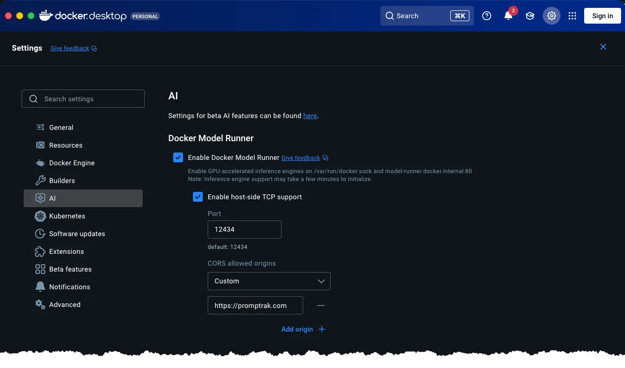 Docker Desktop AI Settings for Docker Model Runner