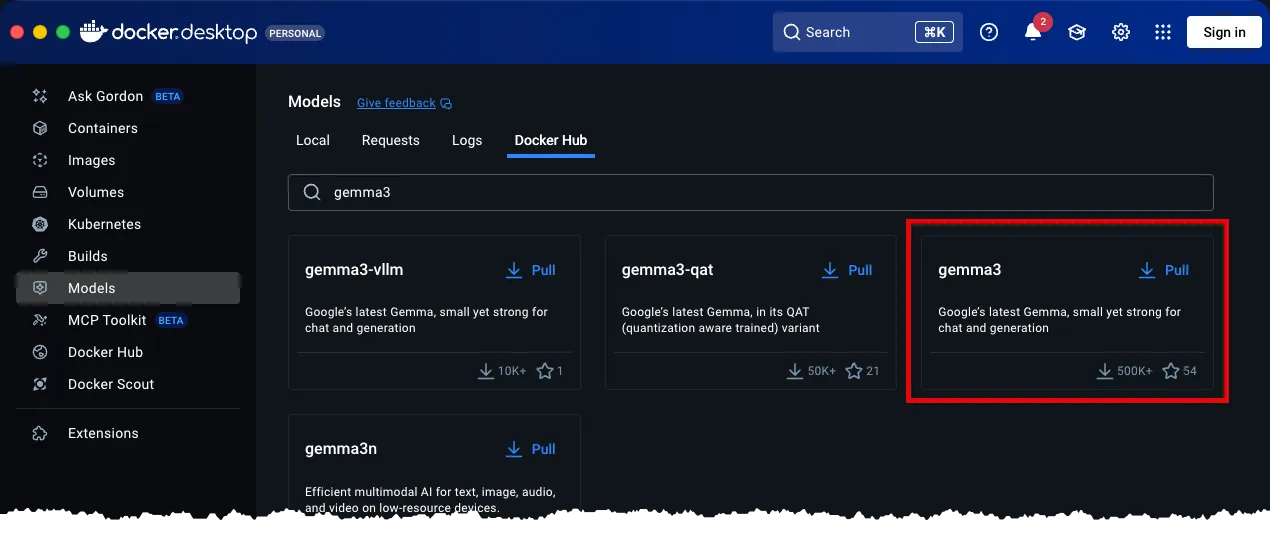 Docker Desktop Models Search